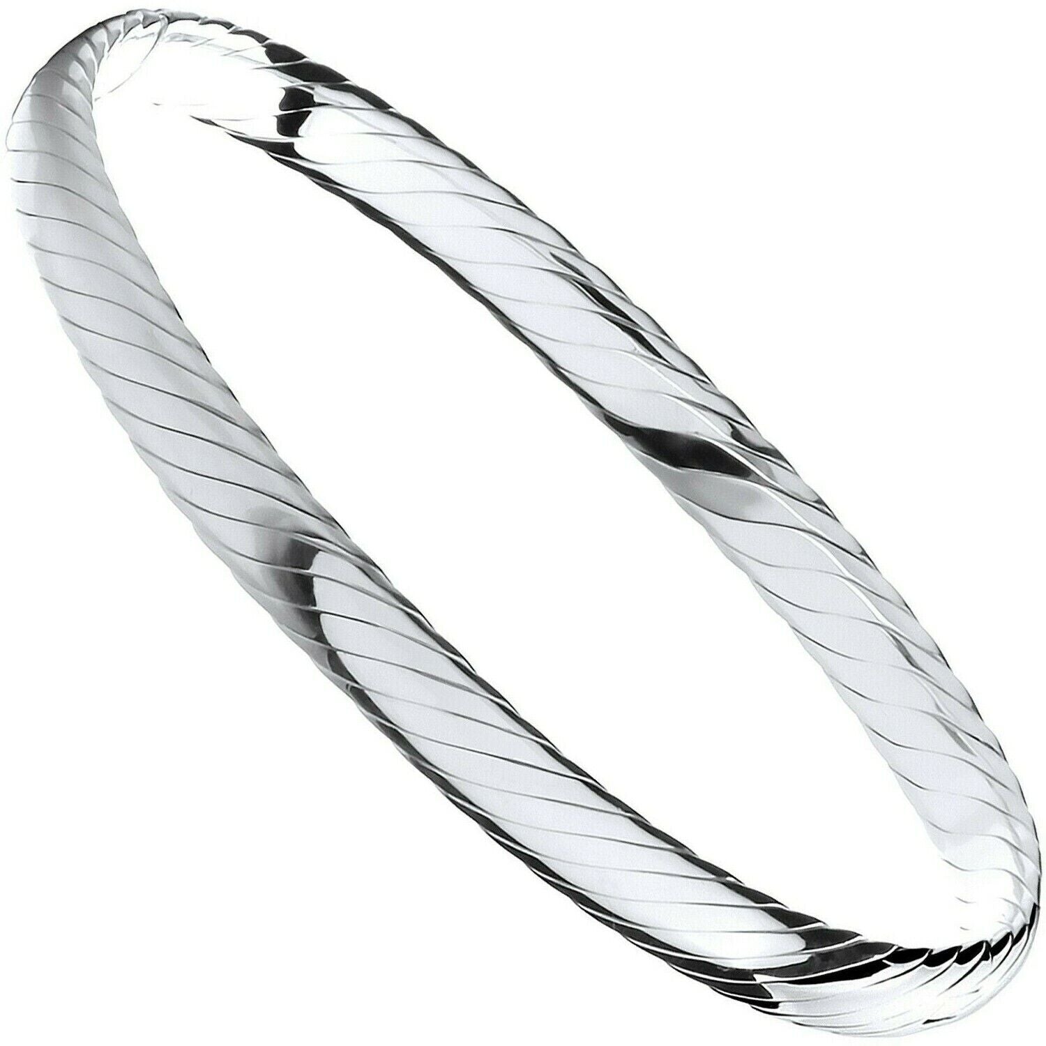 Silver Ribbed Ladies Bangle British Made Full Hallmark Heavy Weight Boxed