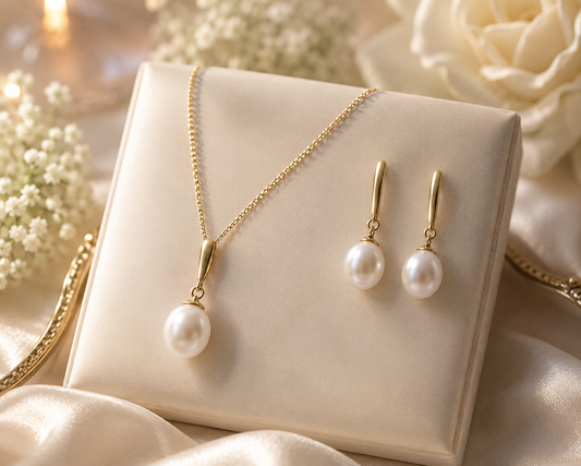 Freshwater Pearl Jewellery Set Yellow Gold Pendant Necklace & Matching Earrings