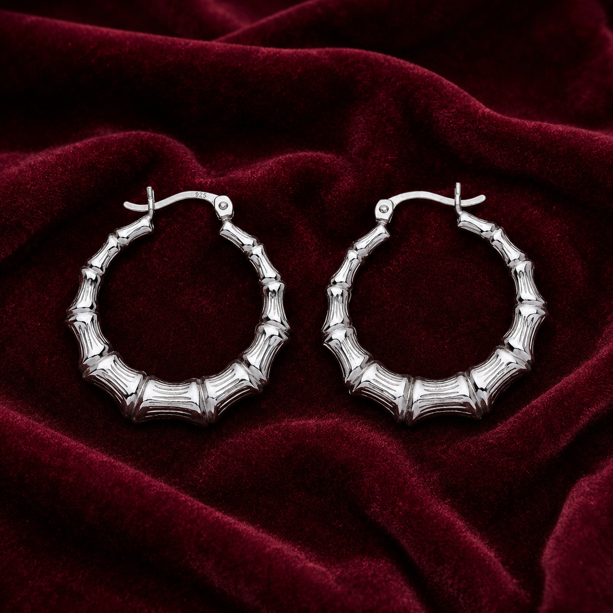 Sterling Silver Bamboo Creole Hoop Earrings 925 Hallmark 27mm