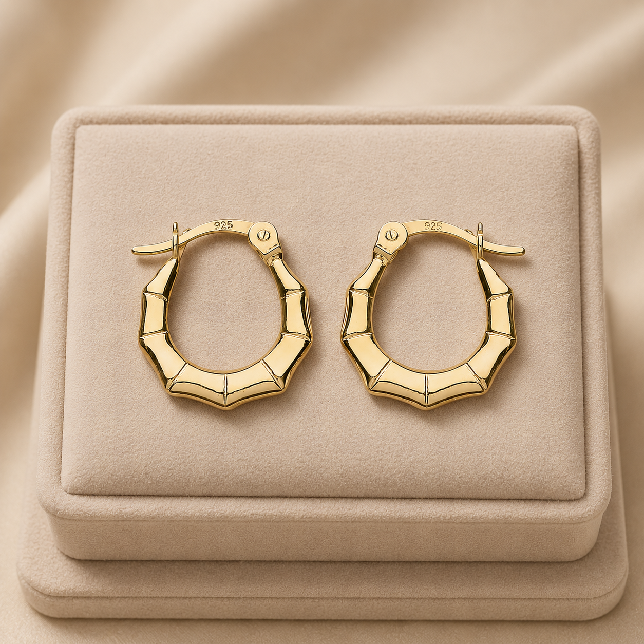 Bamboo Creole Hoop Earrings Polished 18ct Gold 925 Sterling Silver 15mm