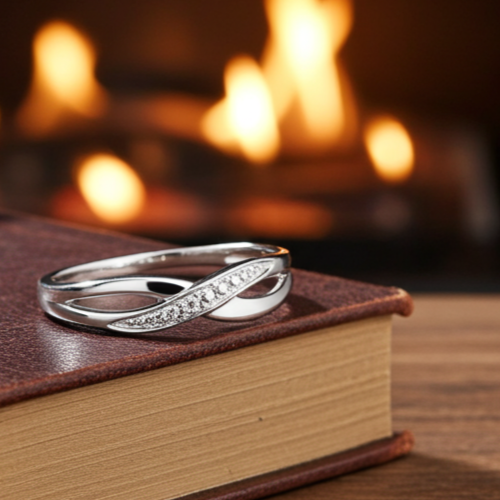 Natural Diamond Crossover Eternity Ring Rhodium on Solid Sterling Silver 925