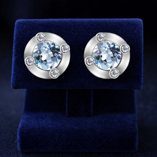 9ct White Gold Sky Blue Topaz and Diamond Solitaire Stud Earrings Hallmarked