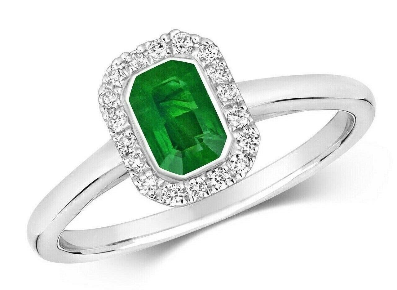 Real Emerald and Diamond Ring 9ct White Gold Octagon Cluster Engagement