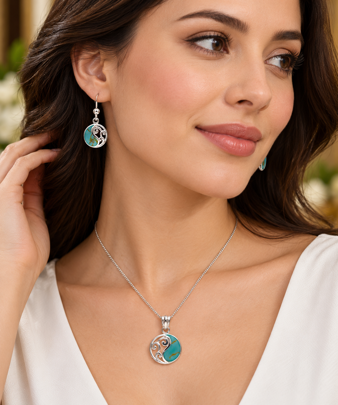 Real Turquoise Matching Set Pendant and Drop Earrings Solid Sterling Silver 18"