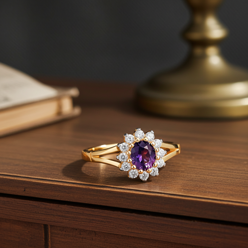 18ct Gold Amethyst Cluster Ring on Solid Sterling Silver  925 Hallmark