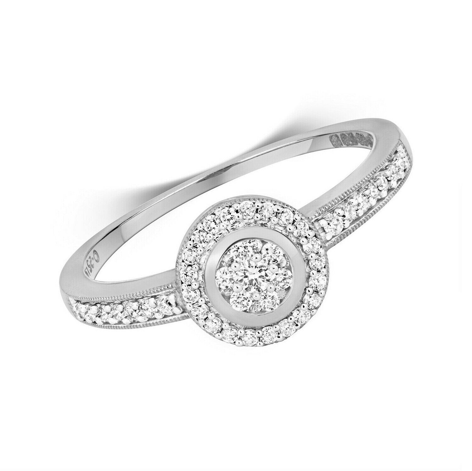 Real Diamond Ring Halo Cluster Engagement 9ct White Gold 0.25ctw Size J - Q
