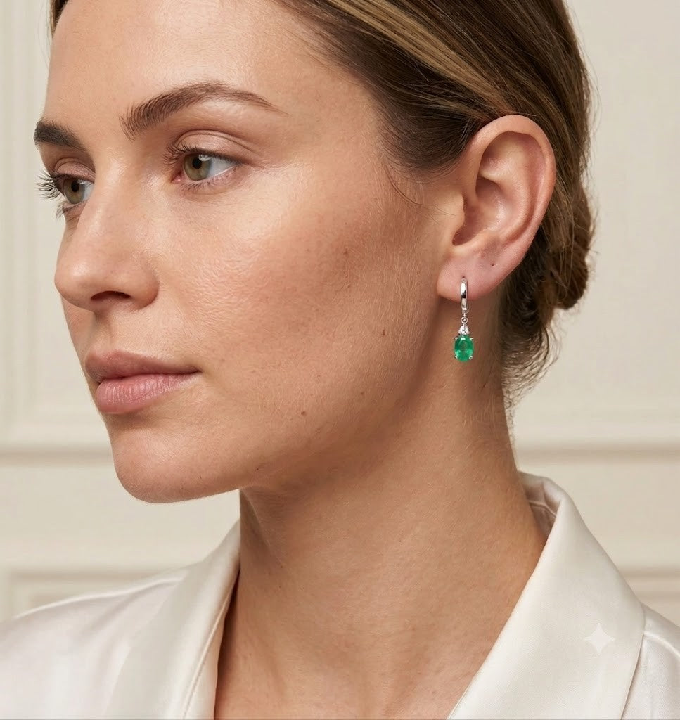 Natural Emerald Drop Earrings Diamond Accent Huggie Hoop 9ct White Gold