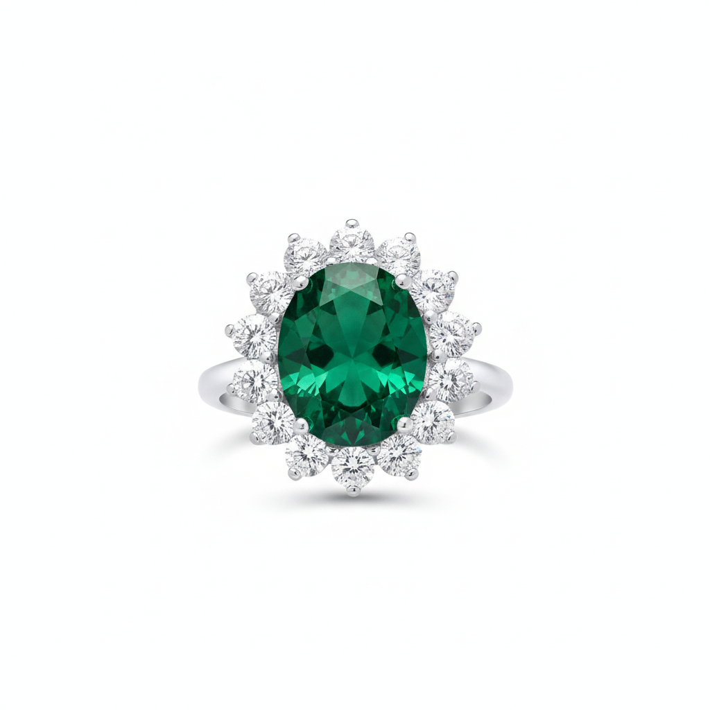 Sterling Silver Large Emerald Ring Cluster Engagement 925 Hallmark Size K-S