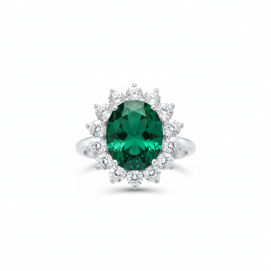 Sterling Silver Large Emerald Ring Cluster Engagement 925 Hallmark Size K-S
