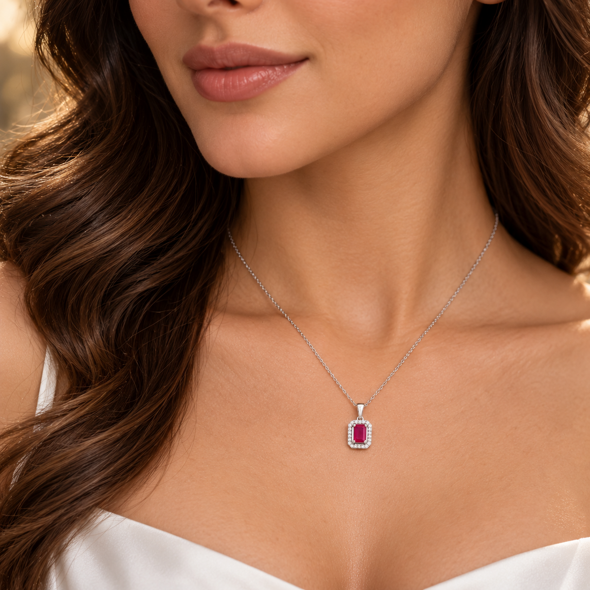 Natural Ruby Rectangular Pendant with Sparkling Diamond Halo 18ct White Gold 18"