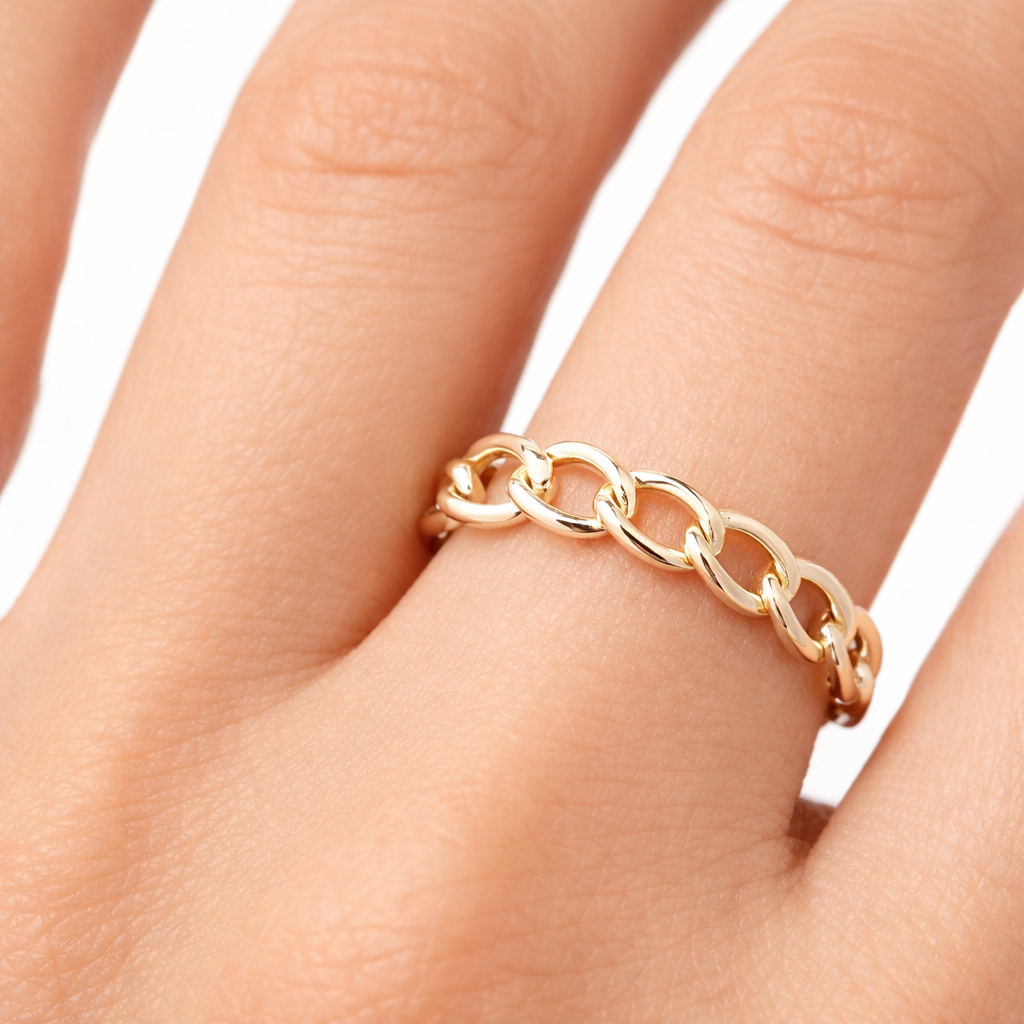 18ct Yellow Gold Chain Ring on Solid Sterling Silver 925 Hallmark Sizes K - S