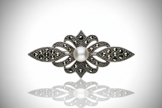 Vintage Style Bar Brooch Marcasite and Freshwater Pearl 925 Sterling Silver