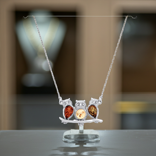Natural Amber Owl Necklace Solid Sterling Silver 925 Hallmark 17" Length