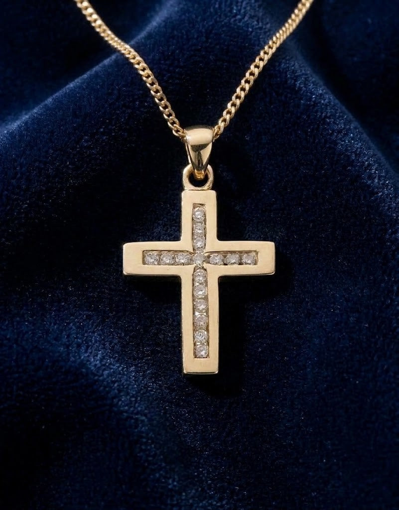 Yellow Gold Diamond Cross Pendant & 18" Curb Chain Necklace Hallmarked Gift
