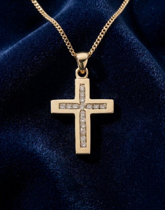 Yellow Gold Diamond Cross Pendant & 18" Curb Chain Necklace Hallmarked Gift