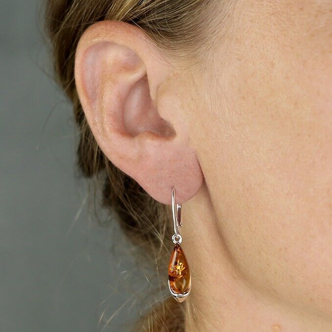 Cognac Amber Contemporary Teardrop Earrings Solid Sterling Silver 925