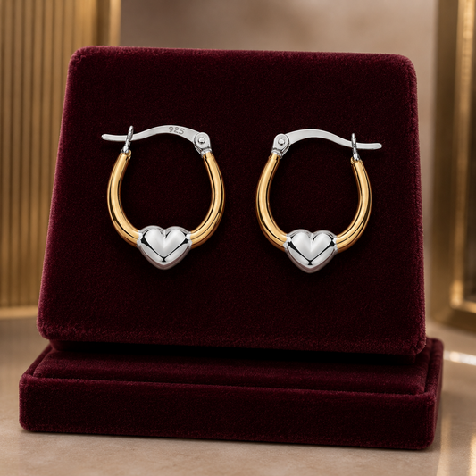 Two Tone Oval Creole Hoop Earrings Heart Design 18ct Gold on Sterling Silver 925