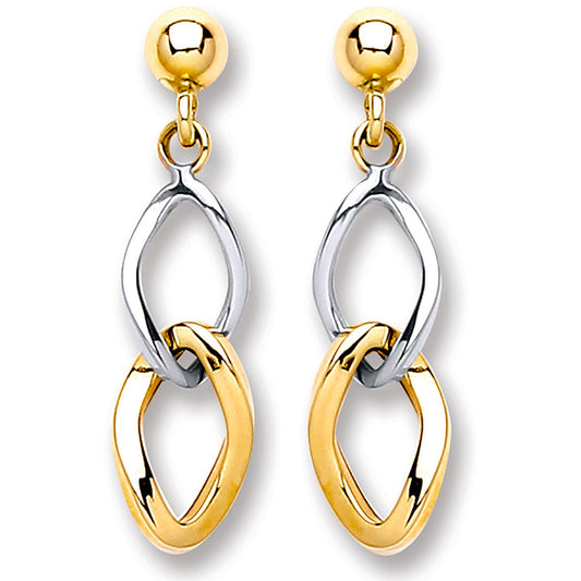 Two Colour Gold Interlink Earrings Yellow and White Gold 28mm Drops  Hallmarked
