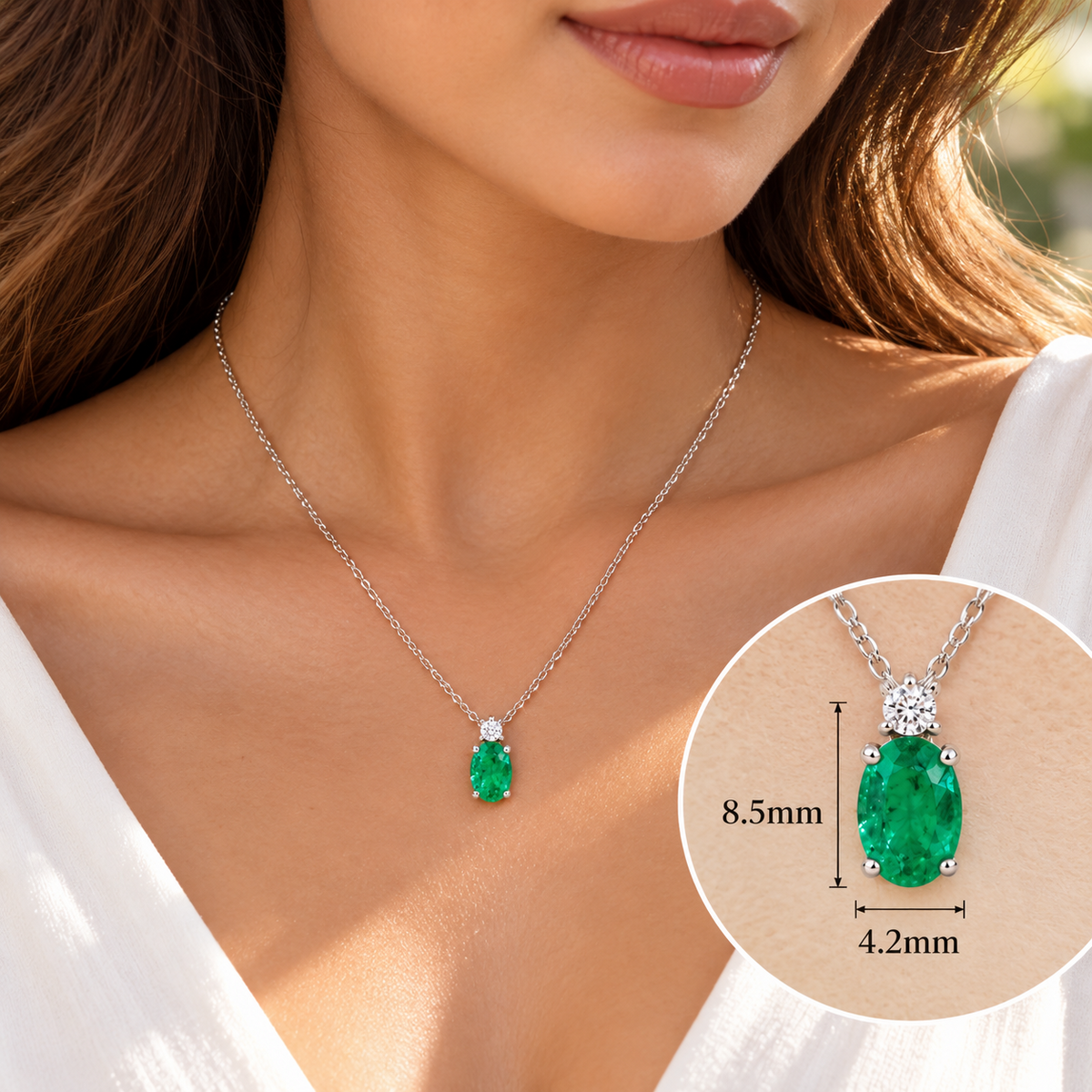9ct White Gold Emerald and Diamond Necklace 0.43ctw Made in London