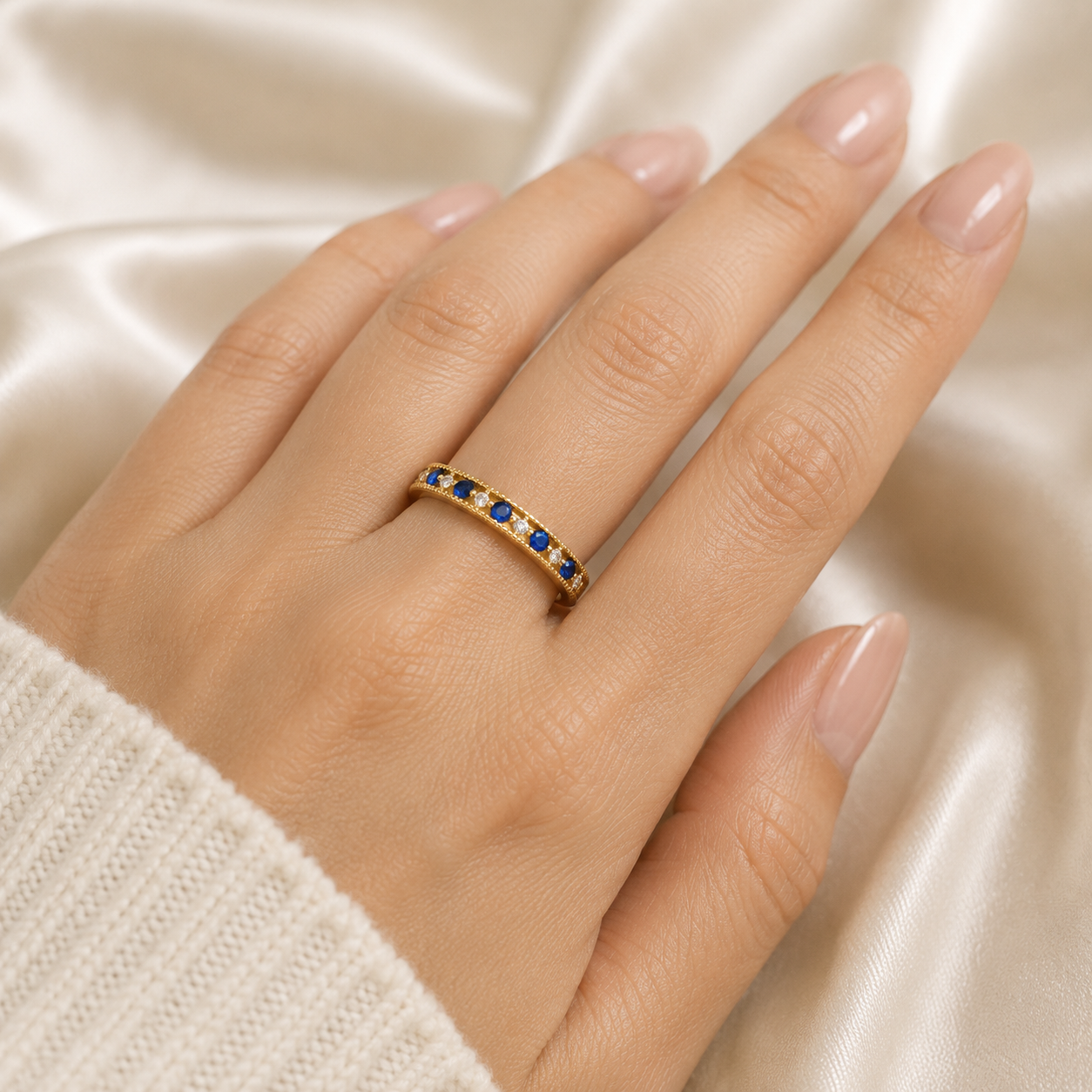 9ct Yellow Gold Sapphire Eternity Anniversary Ring Millgrain Heart Edge Hallmark