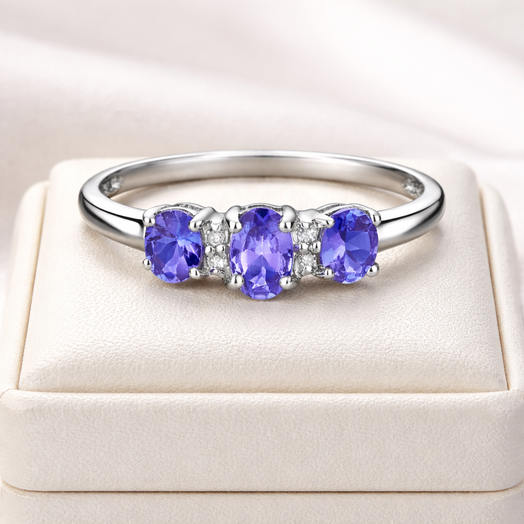 Real Tanzanite and Diamond Ring 9ct White Gold Trilogy Three Stone Size J - Q