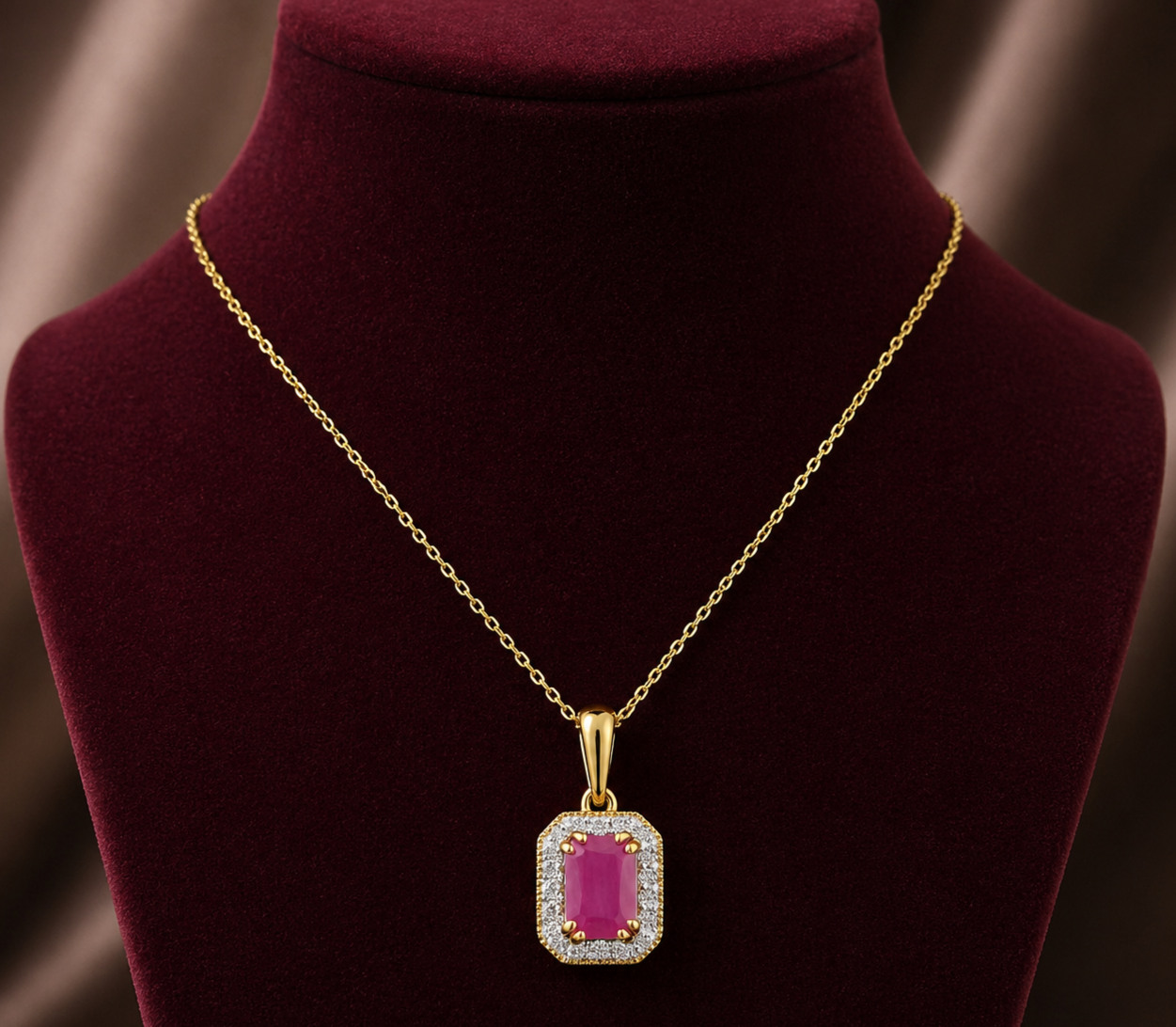 Natural Ruby Pendant With Diamond Halo 9ct Yellow Gold 18" 46cm Length Chain