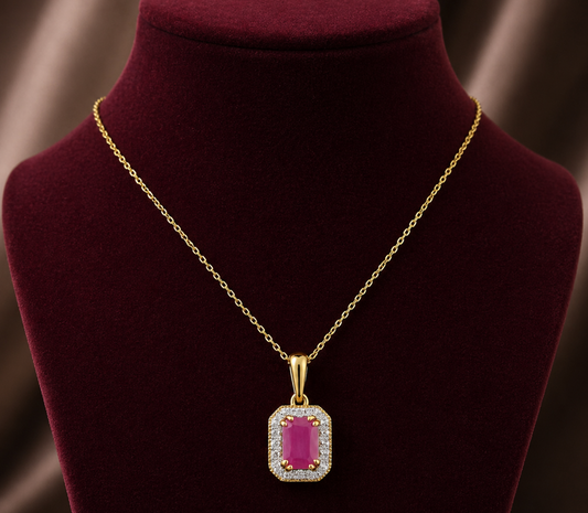 Natural Ruby Pendant With Diamond Halo 9ct Yellow Gold 18" 46cm Length Chain