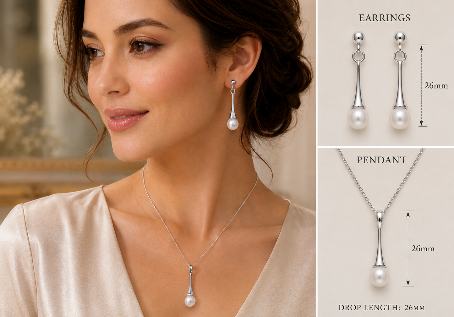 Elegant White Gold Freshwater Pearl Jewellery Set – Matching Pendant & Earrings