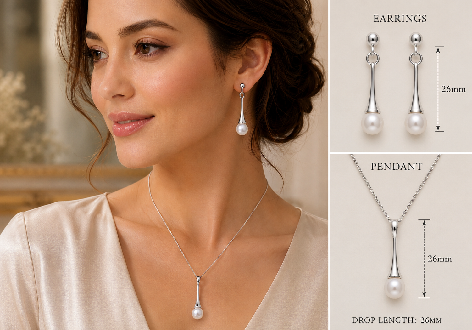 Elegant White Gold Freshwater Pearl Jewellery Set – Matching Pendant & Earrings