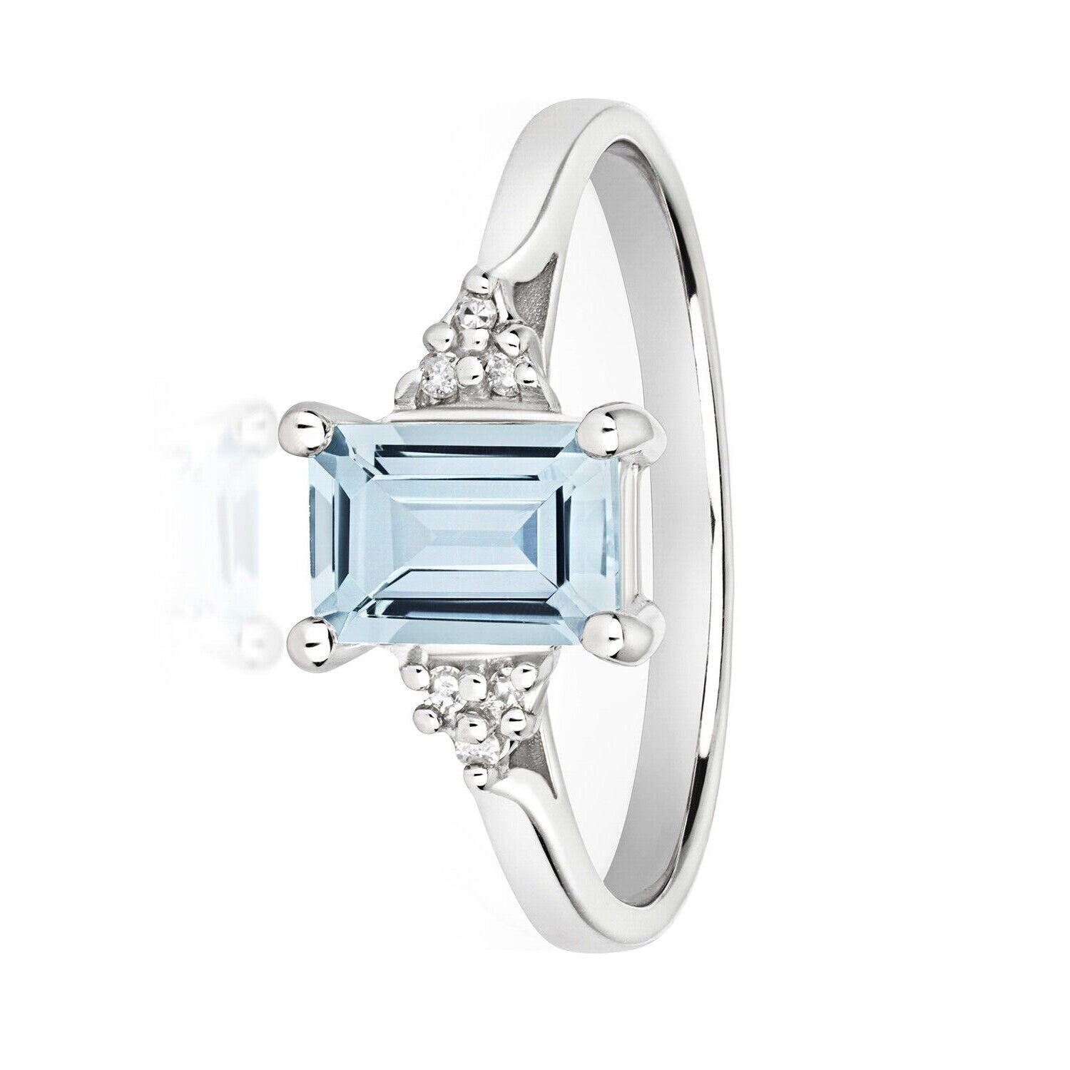 Real Aquamarine and Diamond Ring Solid White Gold Emerald Cut Solitaire