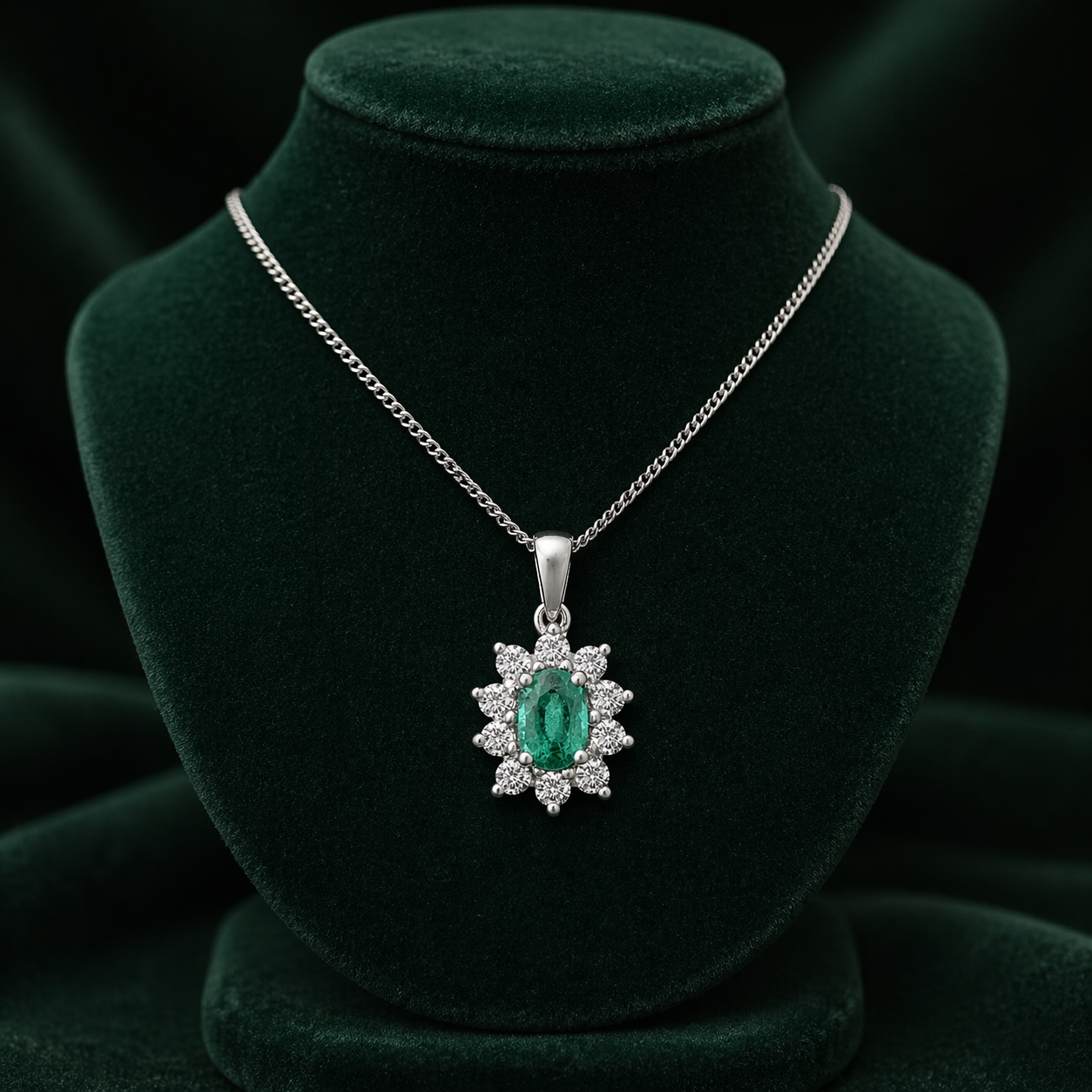 Emerald Oval Cluster Pendant With 0.33ctw Diamond 18ct White Gold 18" 46cm Chain