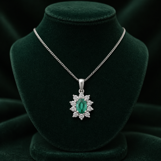 Emerald Oval Cluster Pendant With 0.33ctw Diamond 18ct White Gold 18" 46cm Chain