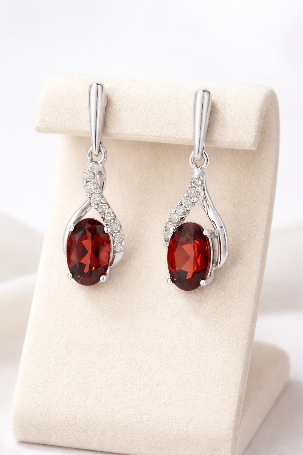 Natural Garnet and Diamond Earrings Solid 9ct White Gold Drops Hallmarked