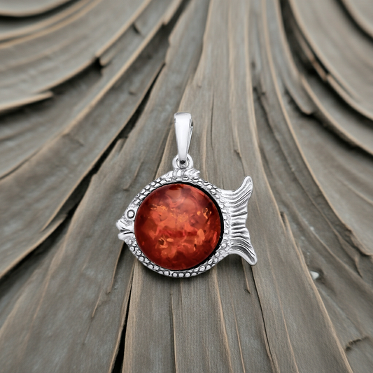 Natural Amber Fish Pendant Solid Sterling Silver 925 Hallmark 18" Chain