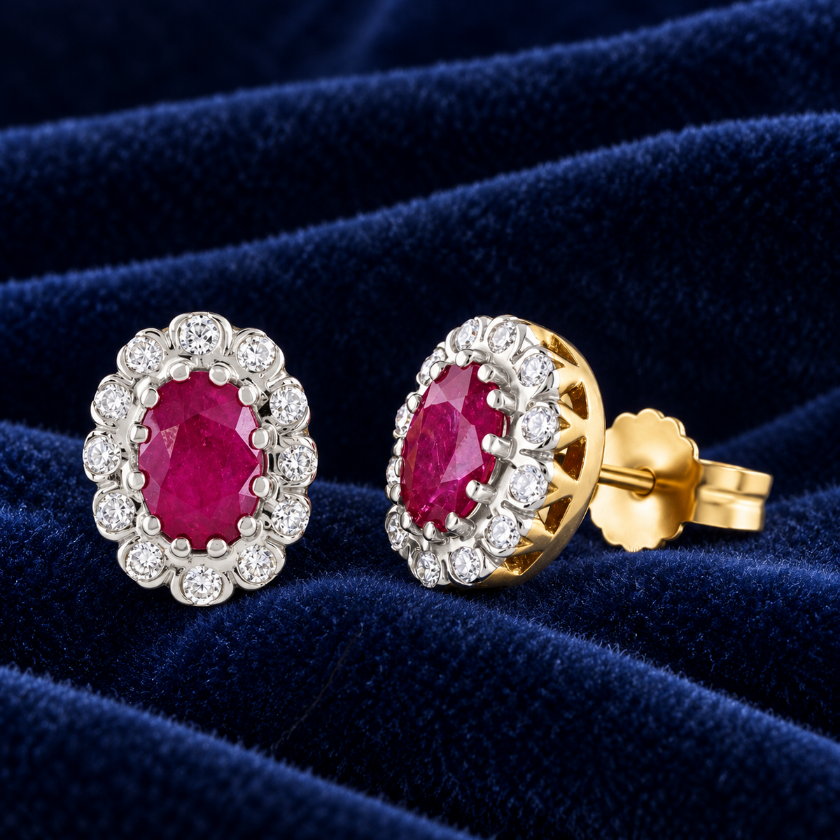 Ruby and Diamond Earrings 9ct Yellow Gold Oval Studs Real Mined Stones