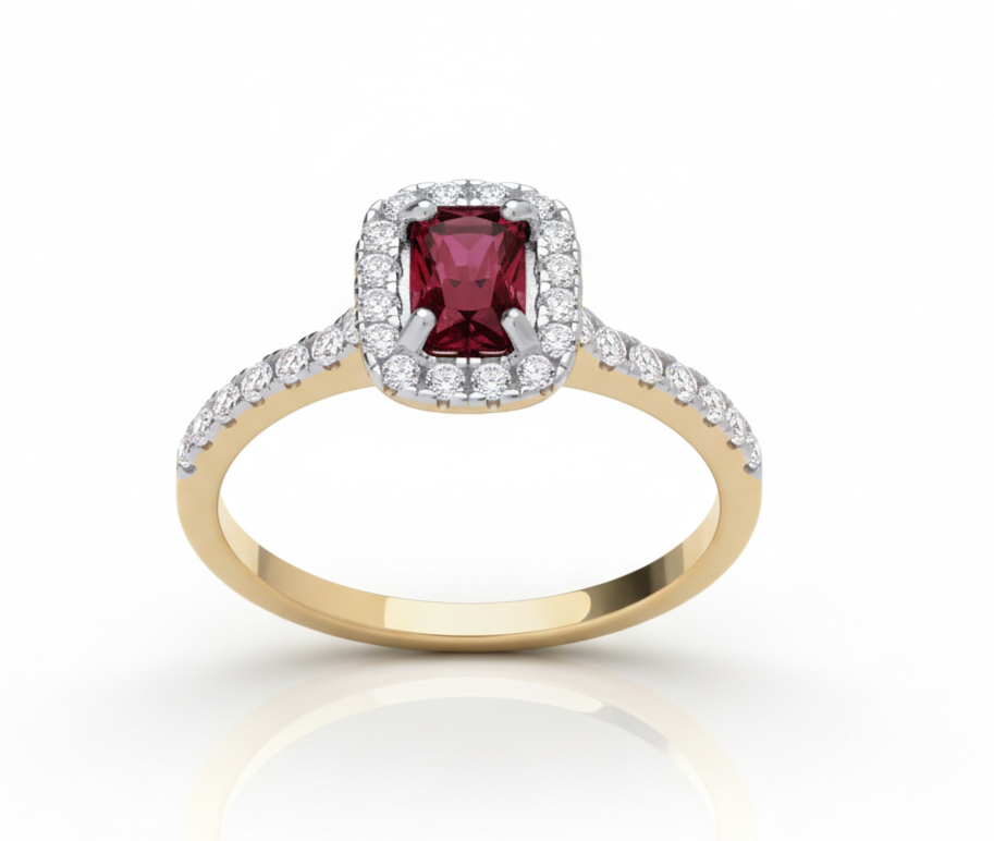 18ct Gold Ruby Ring Rectangle Halo on Sterling Silver 925 Hallmark Size K-S