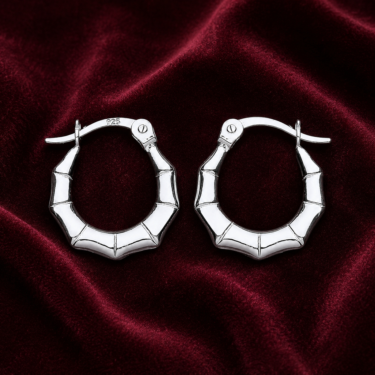 Bamboo Creole Hoop Earrings Polished 925 Sterling Silver 15mm