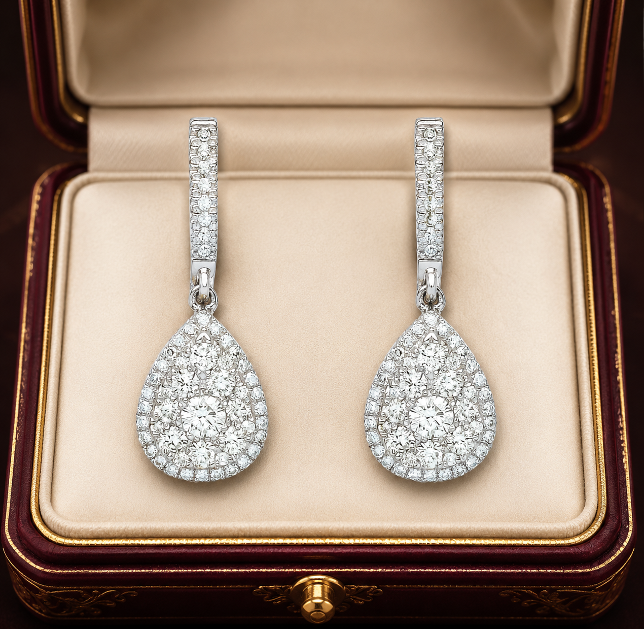 18ct White Gold Natural Diamond Pear Drop Earrings 23mm Halo Dangle Hallmarked