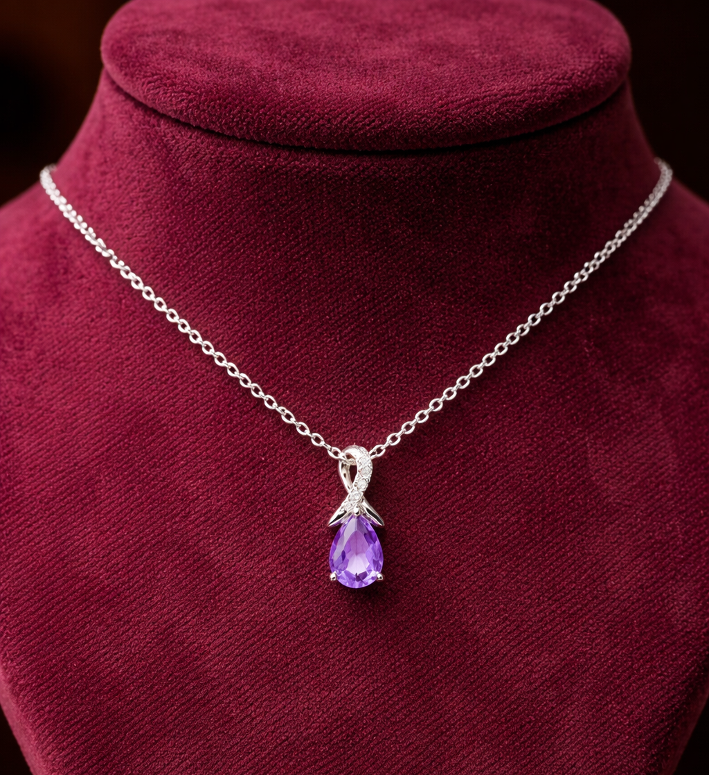 9ct White Gold Amethyst Pendant With Diamond Kiss 18" 46cm Length Chain