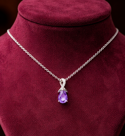 9ct White Gold Amethyst Pendant With Diamond Kiss 18" 46cm Length Chain