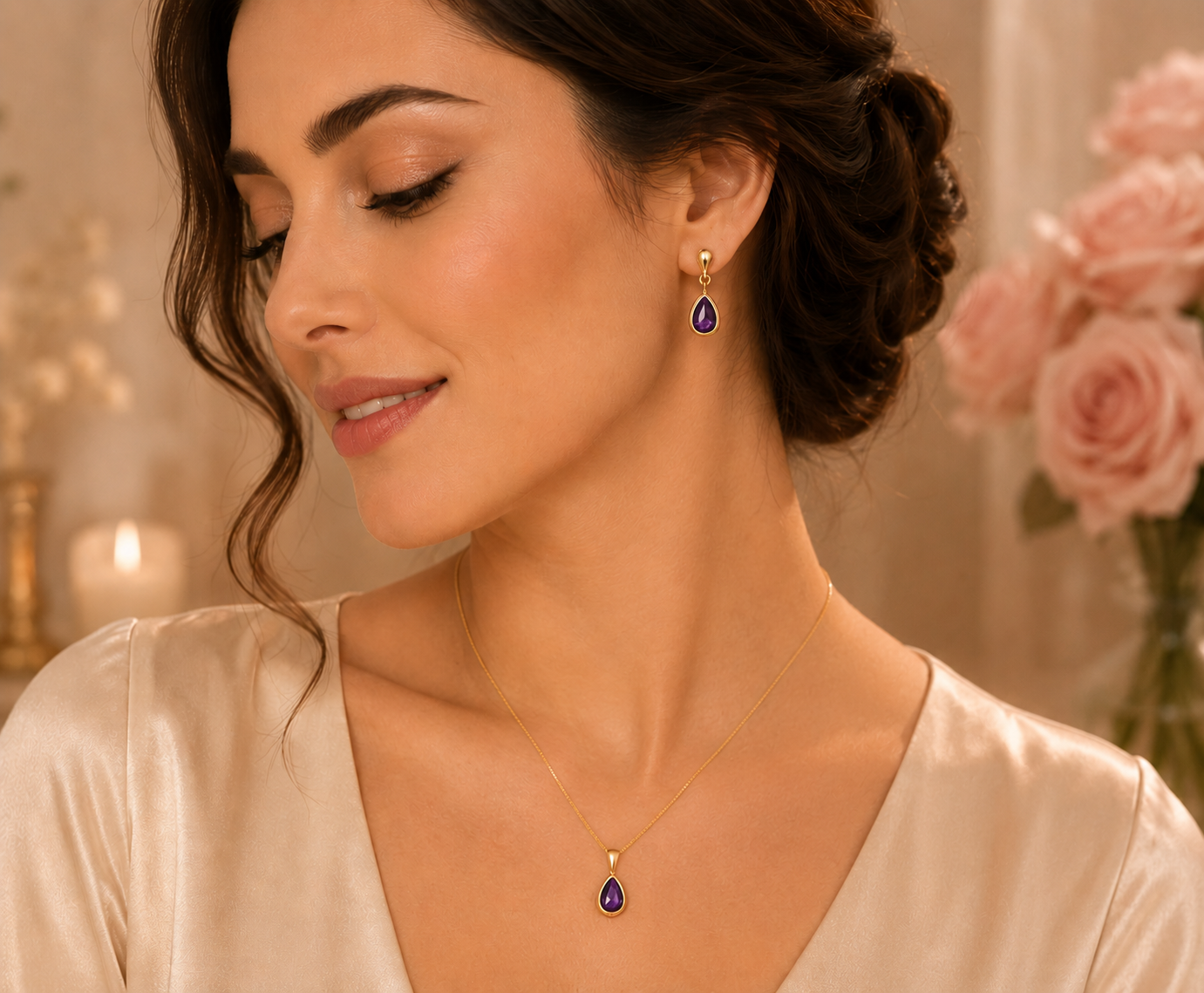 Timeless Amethyst Pendant and Matching Earrings Teardrop Set Solid Yellow Gold