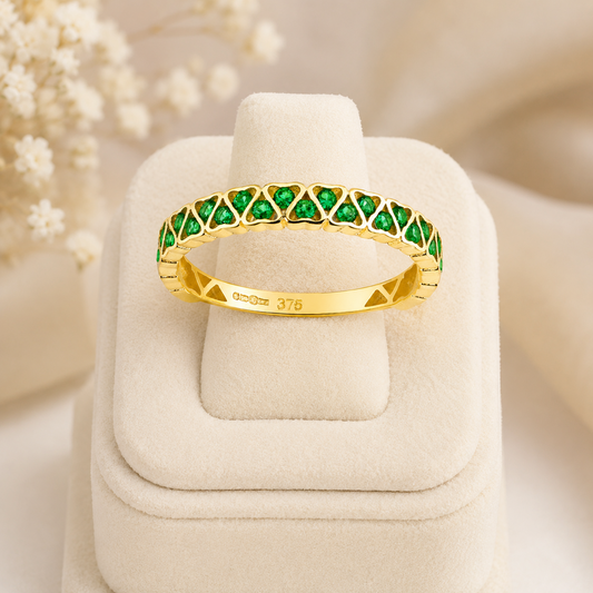 9k Yellow Gold Emerald Heart Eternity Band Stackable Ring Sizes KLMNOPQRS