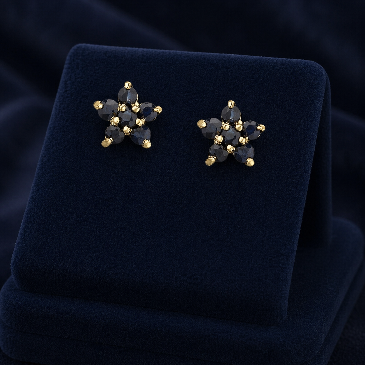 Natural Sapphire Flower Cluster Stud Earrings 9ct Yellow Gold Hallmarked
