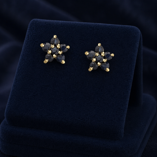 Natural Sapphire Flower Cluster Stud Earrings 9ct Yellow Gold Hallmarked