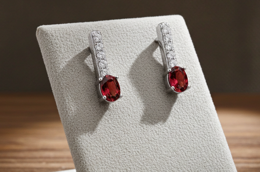 Ruby Drop Stud Earrings Solid Sterling Silver 925 Hallmark Rhodium Finish