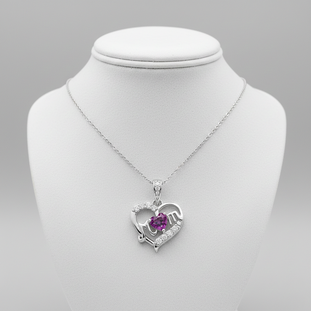 Natural Amethyst Mum Heart Pendant Solid Sterling Silver 925 Hallmark 18" Chain