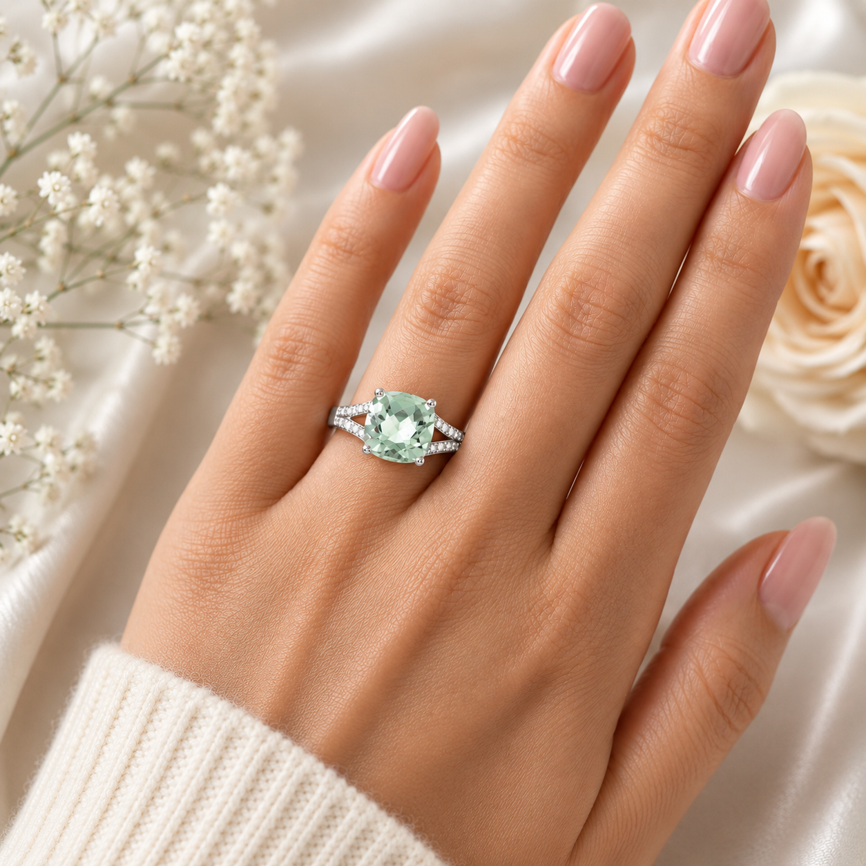 Cushion Cut Green Amethyst & Diamond Split Shank Ring Solid White Gold Size J-Q