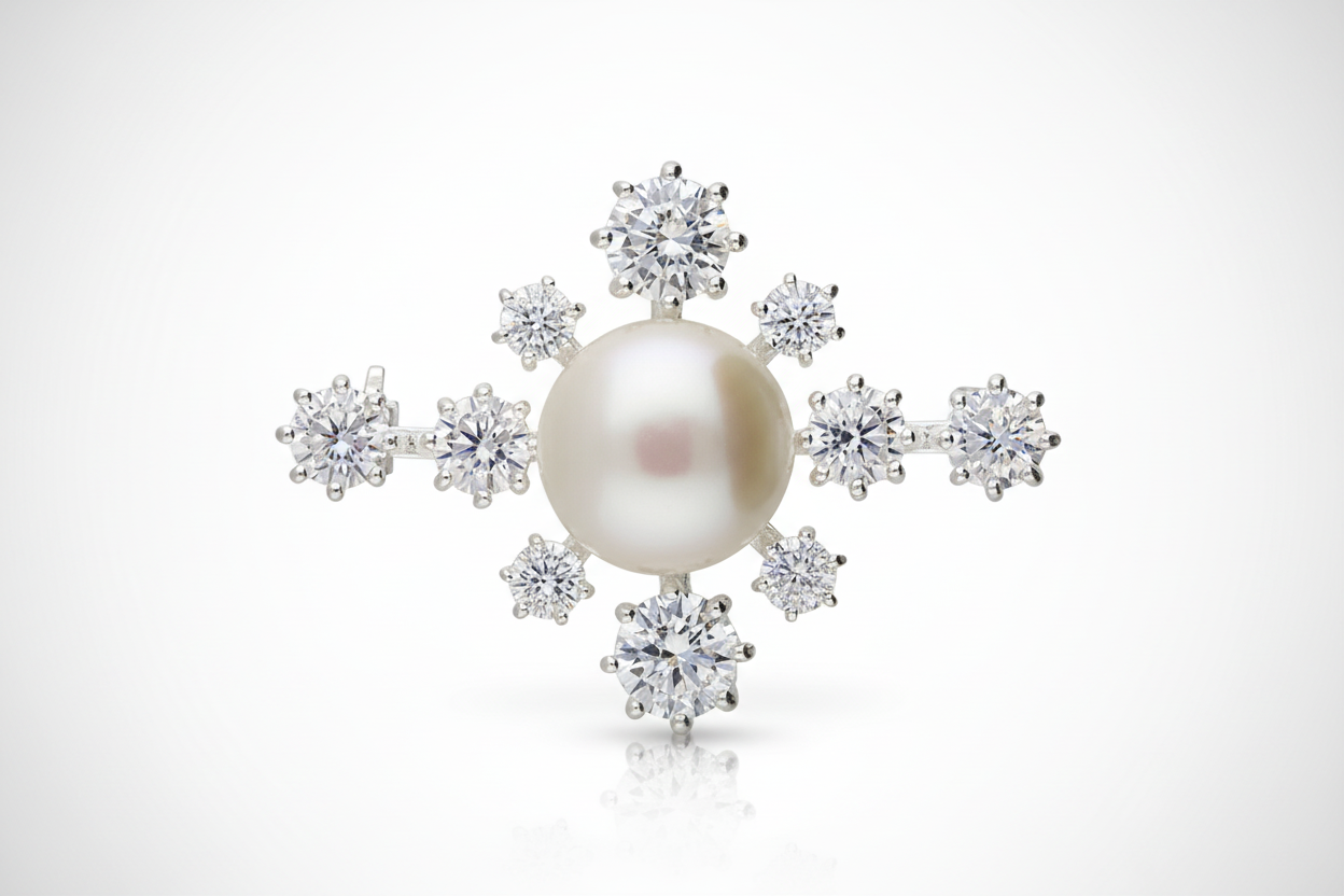 Silver Bar Brooch Freshwater Pearl and White Cubic Zirconia 925 Sterling Silver