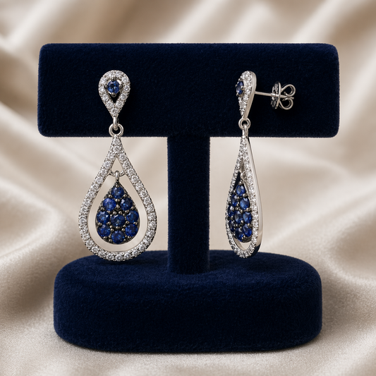 Natural Sapphire and Diamond Earrings Solid 18ct White Gold Hallmarked 25mm