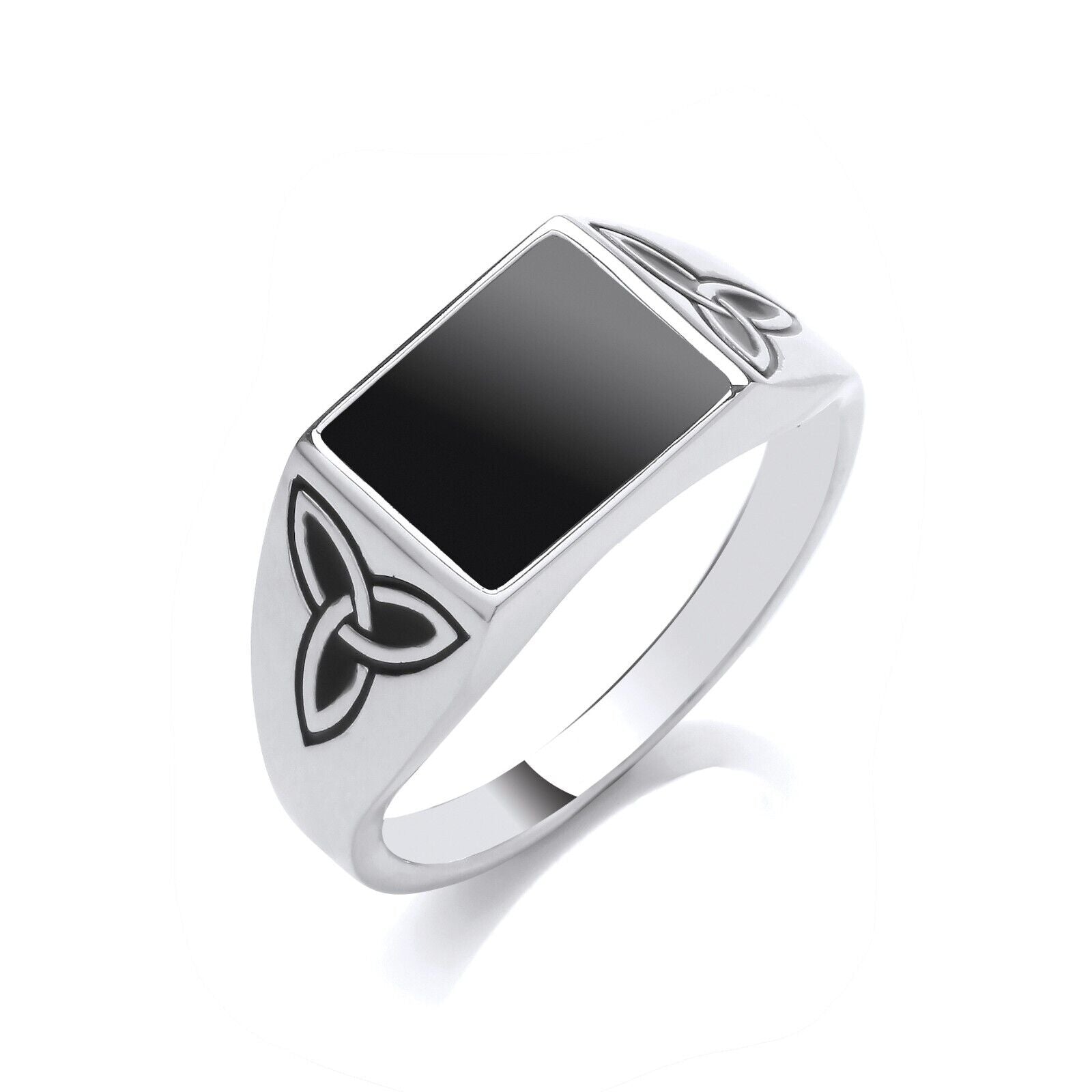 Gents Onyx Rectangular Signet Ring Solid Sterling Silver Celtic Trinity Shoulder